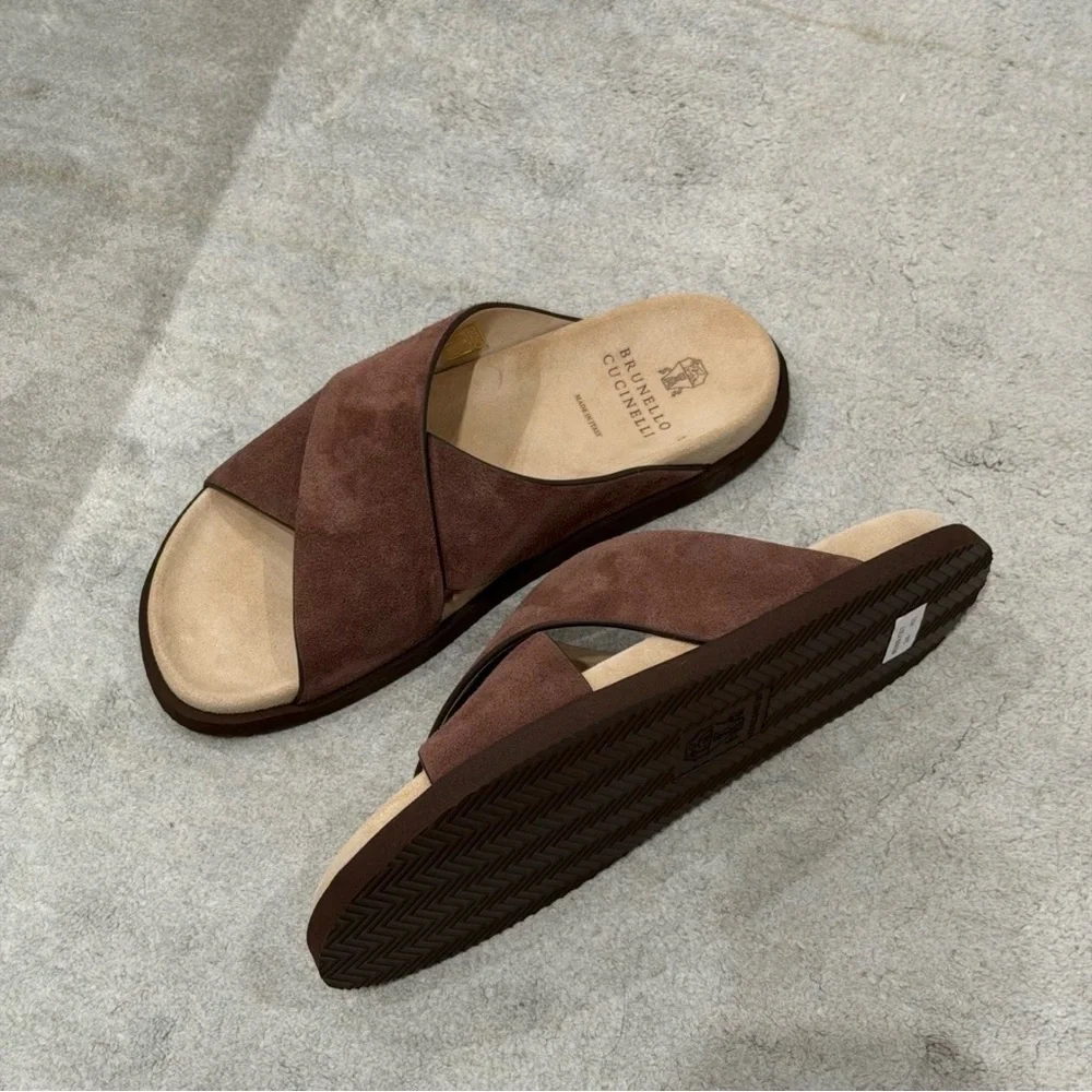Brunello Cucinelli Brown Crossover Suede Slide Sandals